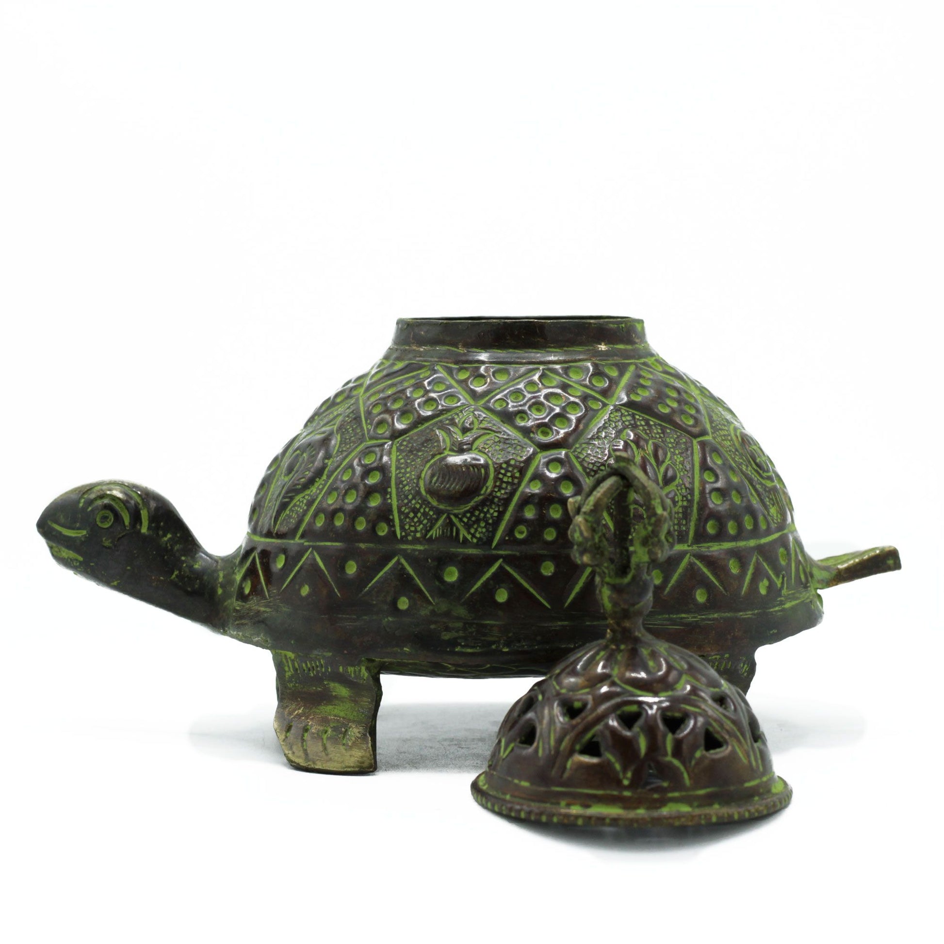 Large Brass Verdigris Tibetan Turtle Incense Holder with lid removed