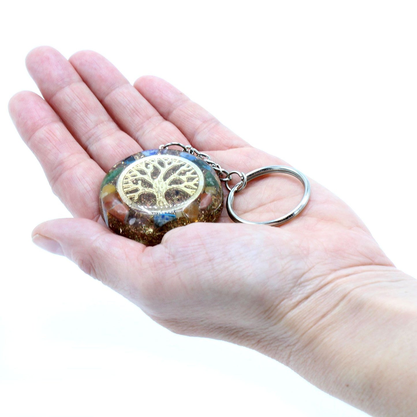 Hand Orgonite Power Keyring - Gemstones Chakra Tree of Life on a white background
