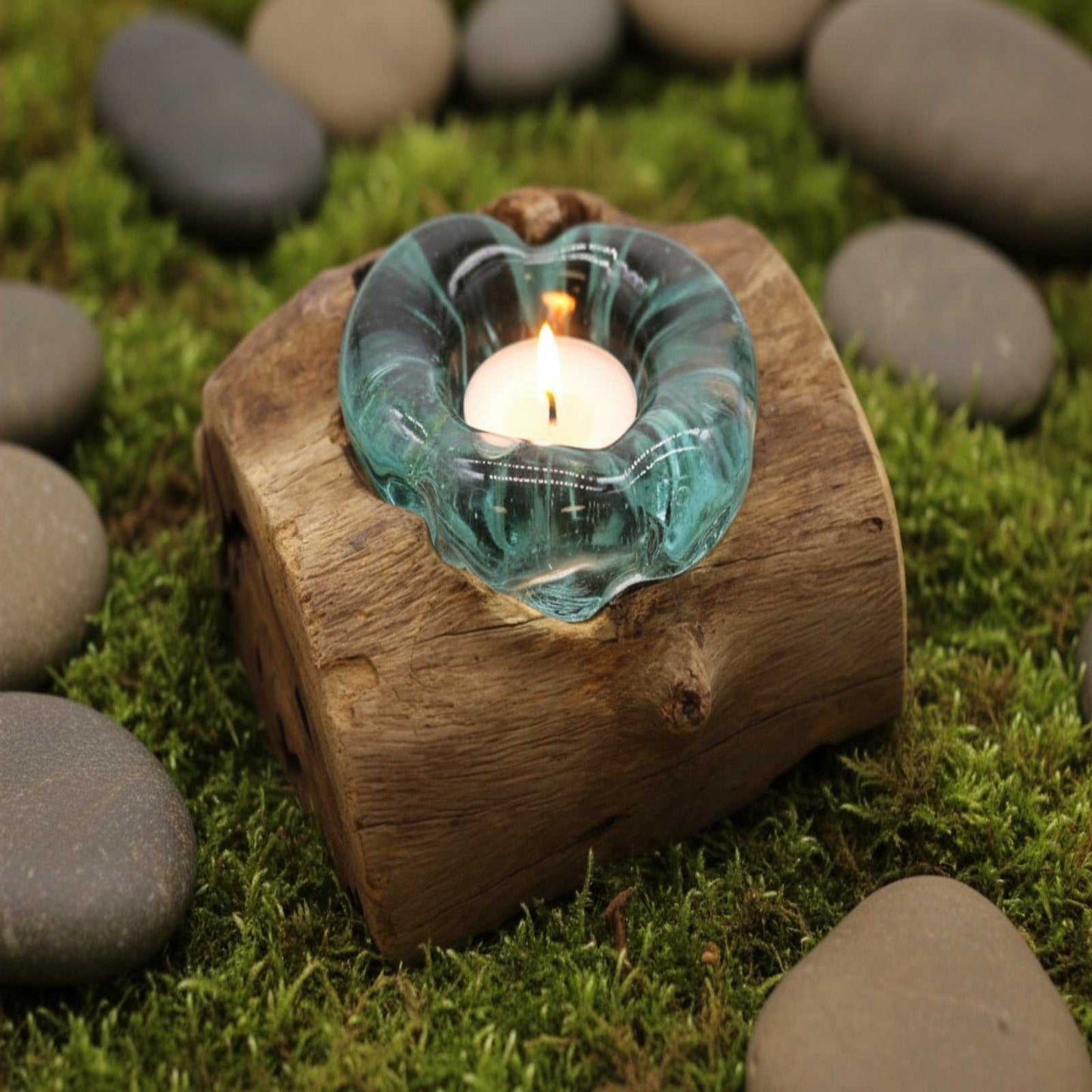 Molton Glass Candle Single Holder on Wood with a candle on a natural background