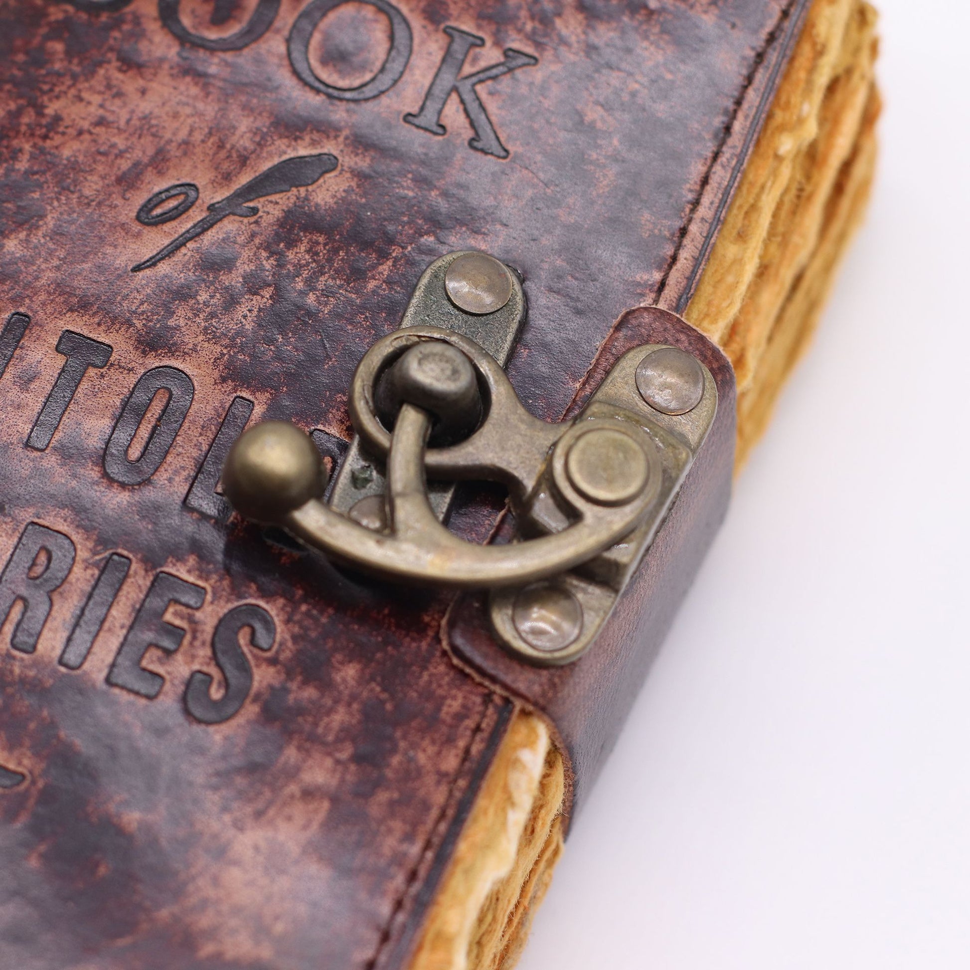 Fat Deckled Leather Notebook – The Book of Untold Stories close u view of clasp