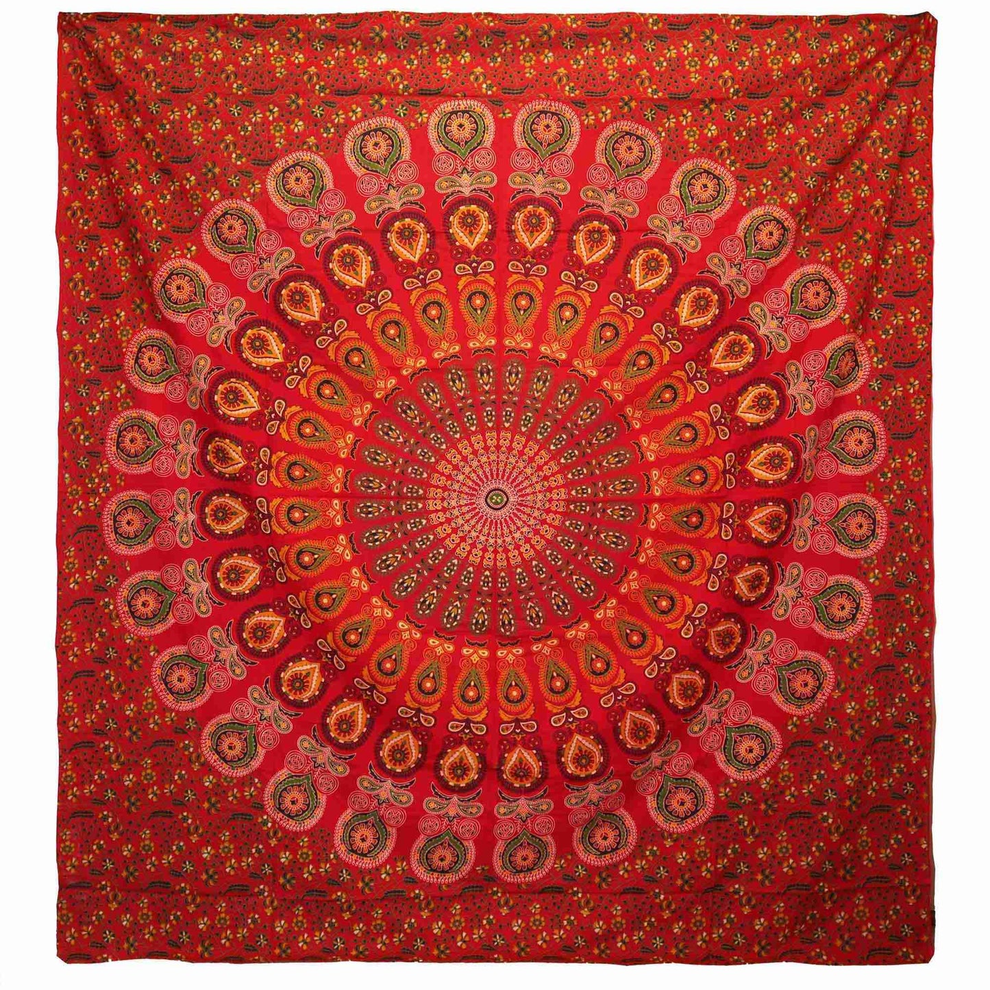 Double Cotton Bedspread + Wall Hanging - Peacock Mandala - Red on a white background