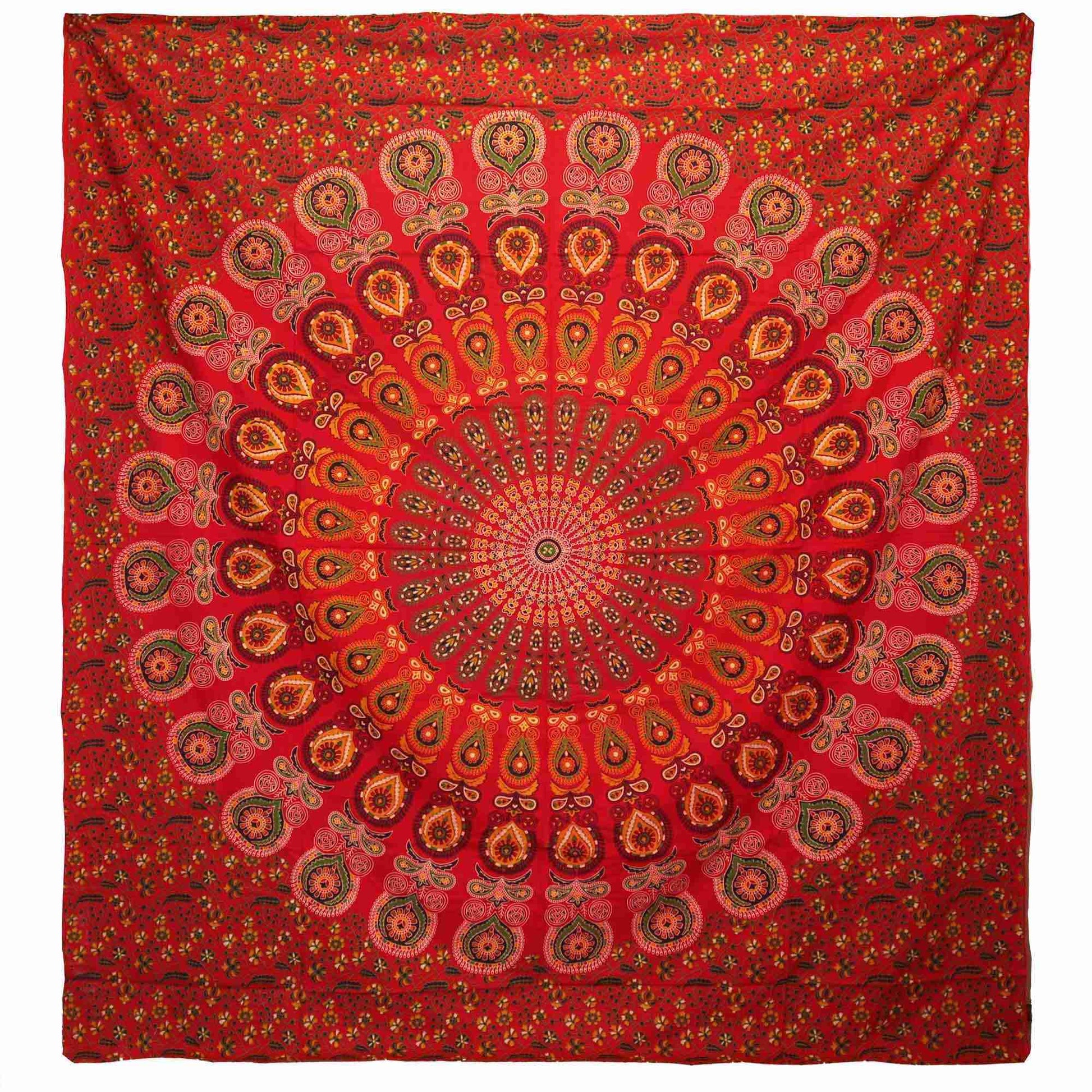 Double Cotton Bedspread + Wall Hanging - Peacock Mandala - Red on a white background
