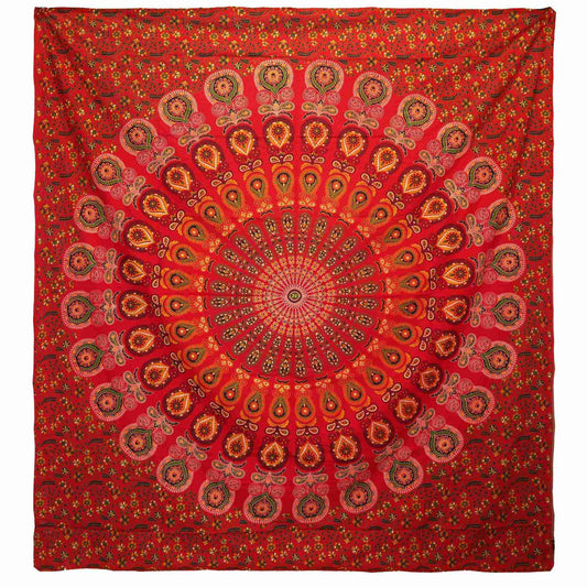 Double Cotton Bedspread + Wall Hanging - Peacock Mandala - Red on a white background