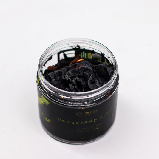 Graveyard Shift Whipped Soap 120g Jar open lid top view.