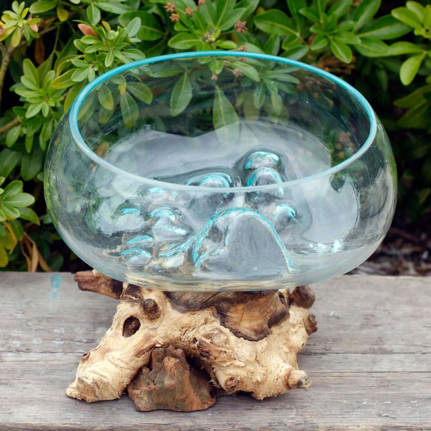 Recycled Glass Wood Decor: Molten Glass on Large Wood Bowl
