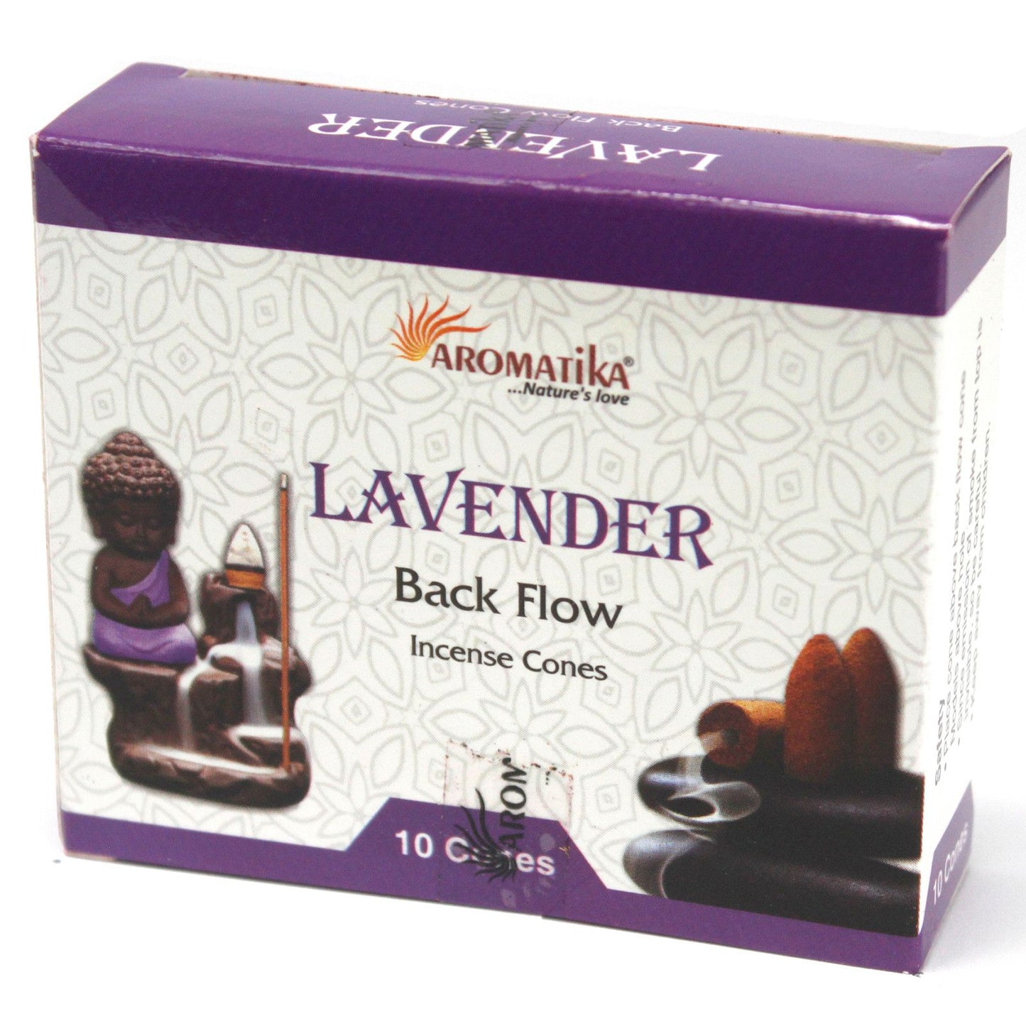 Aromatika Lavender Back Flow Incense Cones packaging on a white background