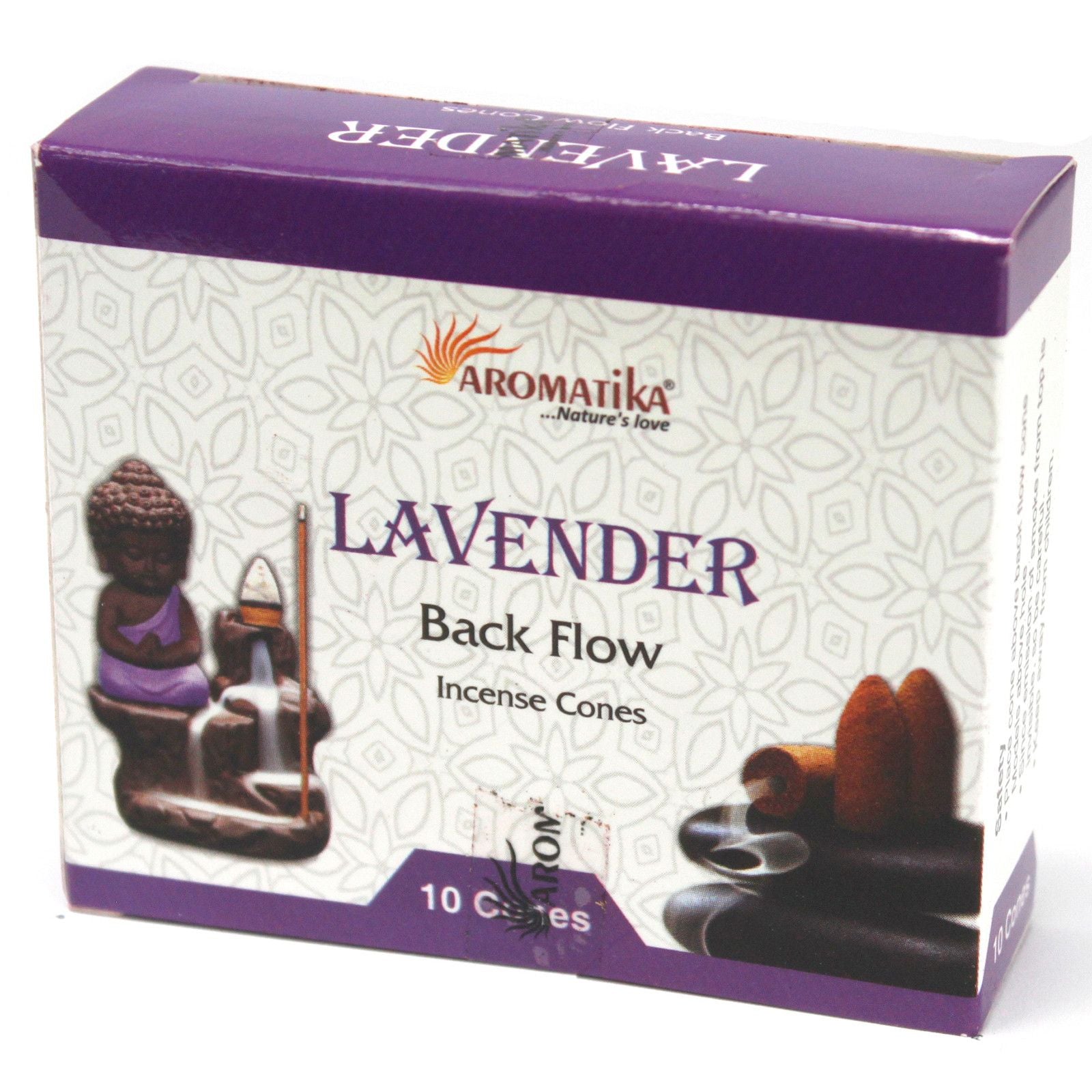 Aromatika Lavender Back Flow Incense Cones packaging on a white background