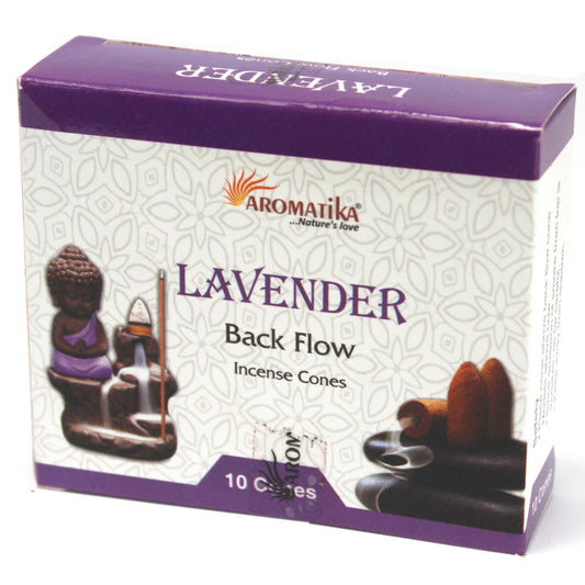 Aromatika Lavender Back Flow Incense Cones packaging on a white background