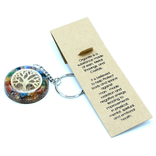 Orgonite Power Keyring - Gemstones Chakra Tree of Life and information card on a white background