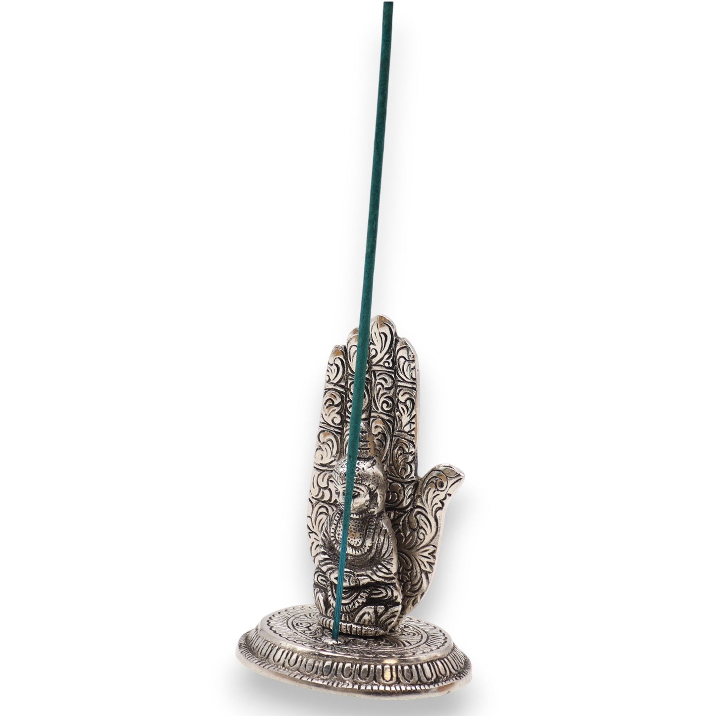 Hand Buddha Incense Holder holding incense stick on a white background