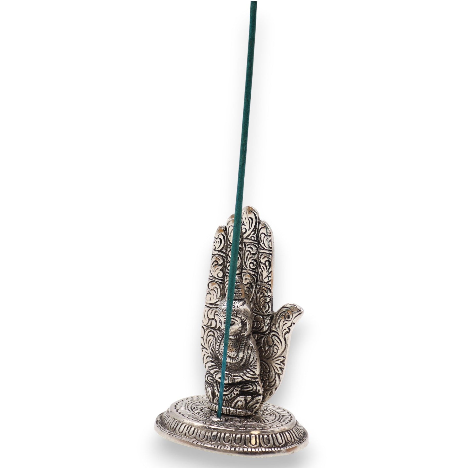 Hand Buddha Incense Holder holding incense stick on a white background