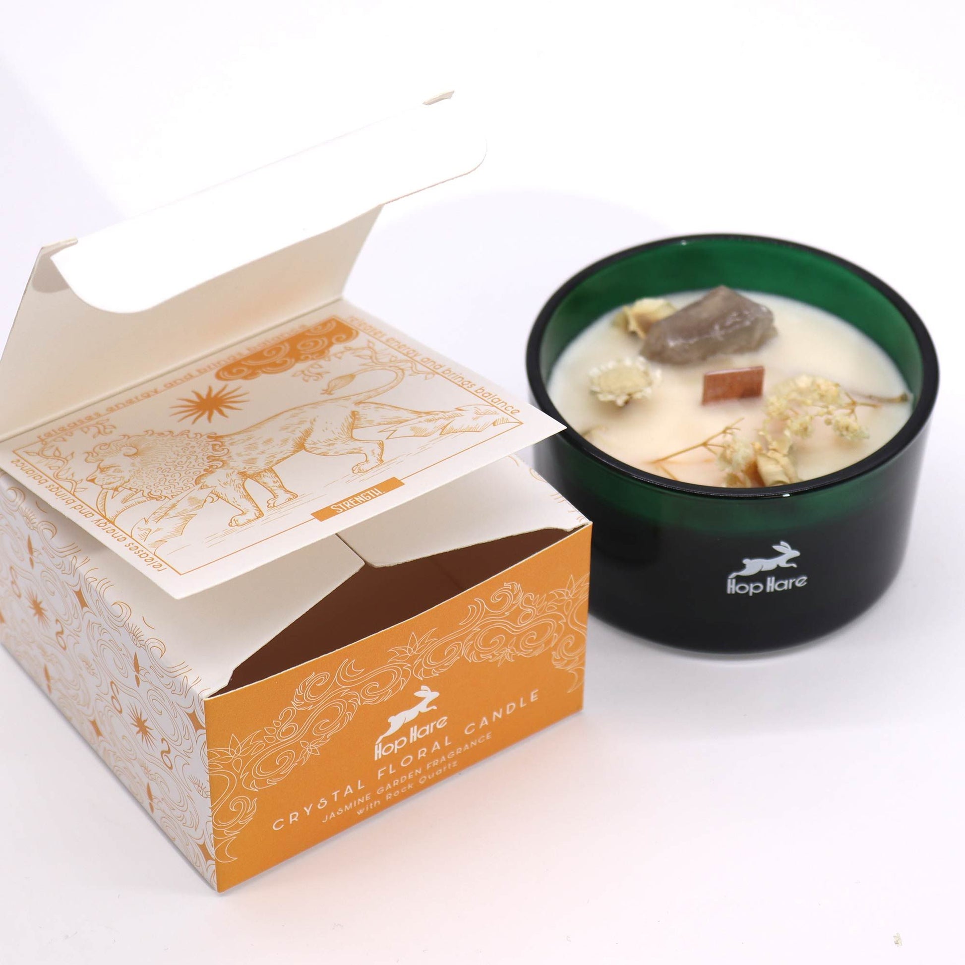 Hop Hare Crystal Magic Flower Candle - The Lion with a decorative box on a white background
