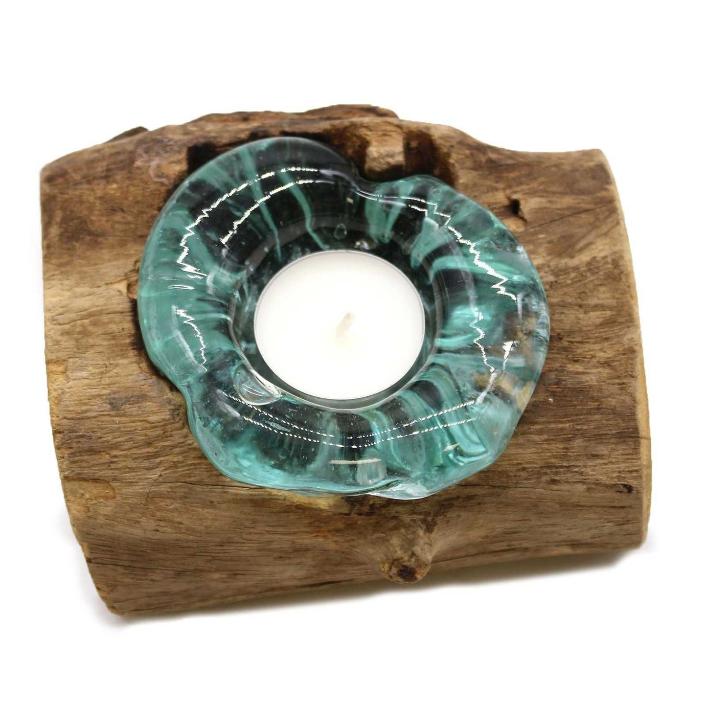 Molten Glass Candle Single Holder on Wood top view on white background