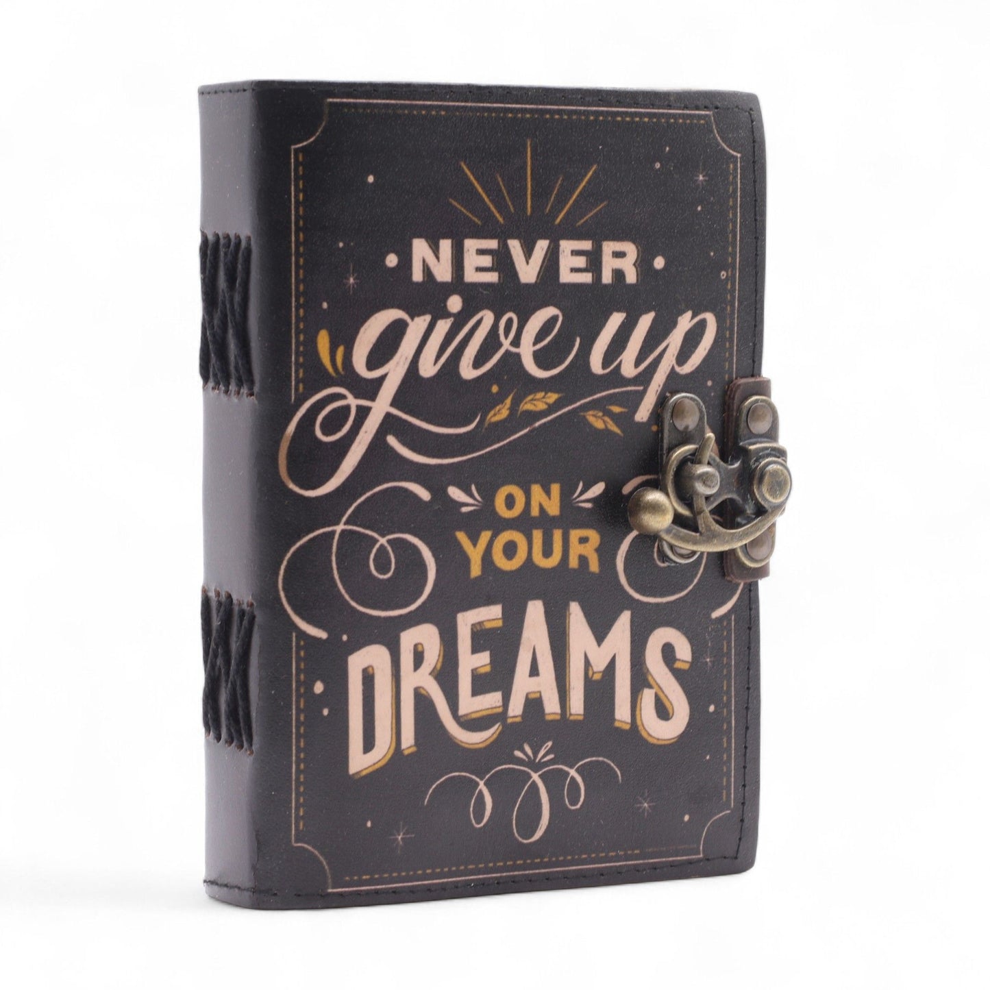 Leather Printed Notebook – Never Give Up On Your Dreams on a white background