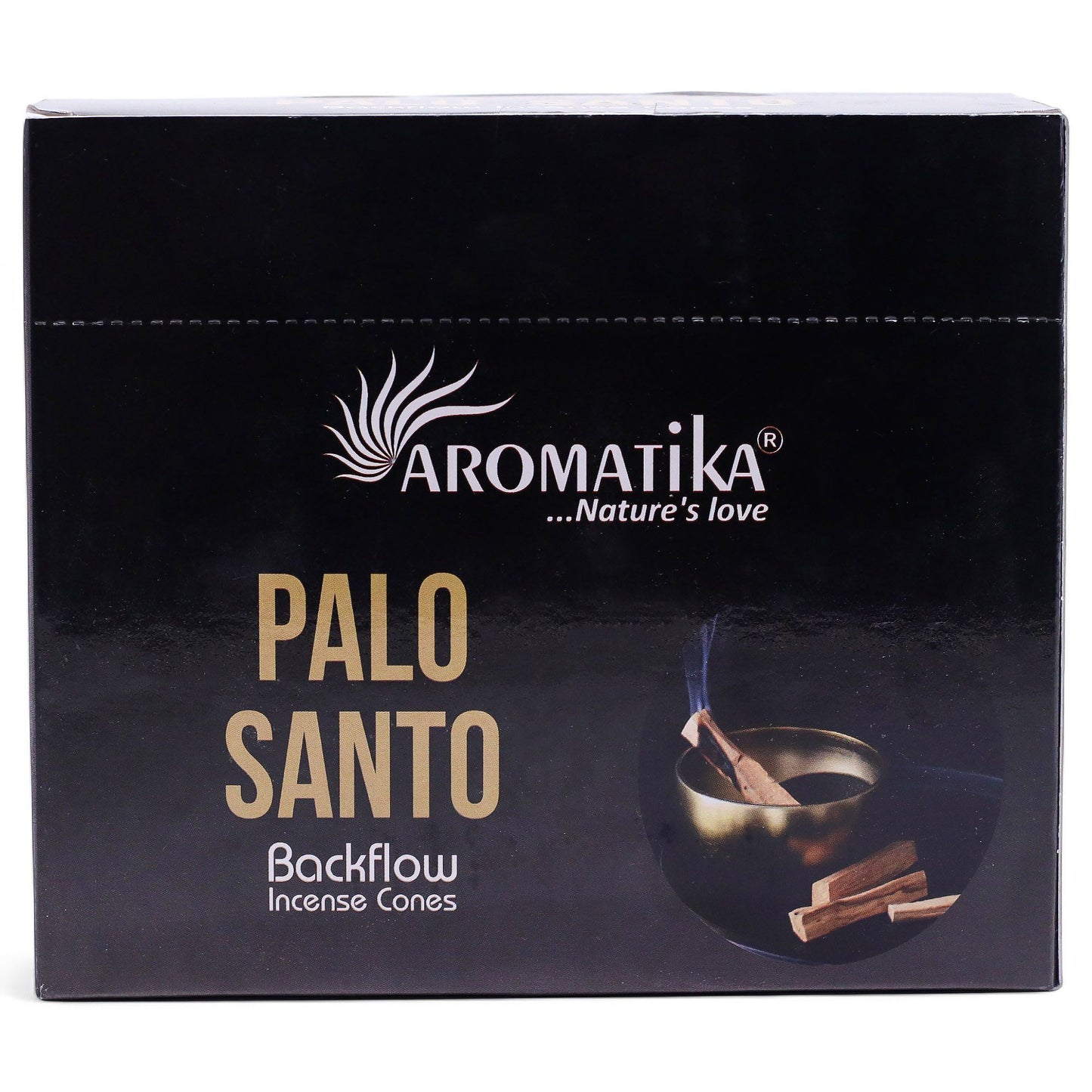 Aromatika Palo Santo backflow incense cones packaging on a white background