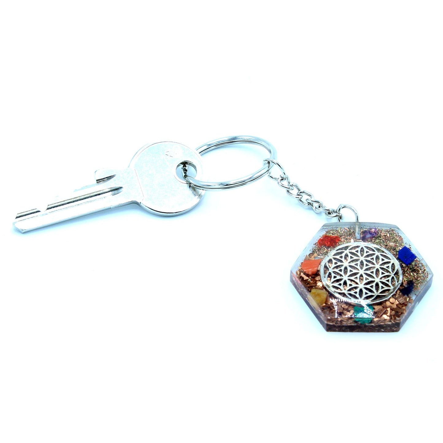 Orgonite Power Keyring - Octagon Flower of Life connected to a key on a white background