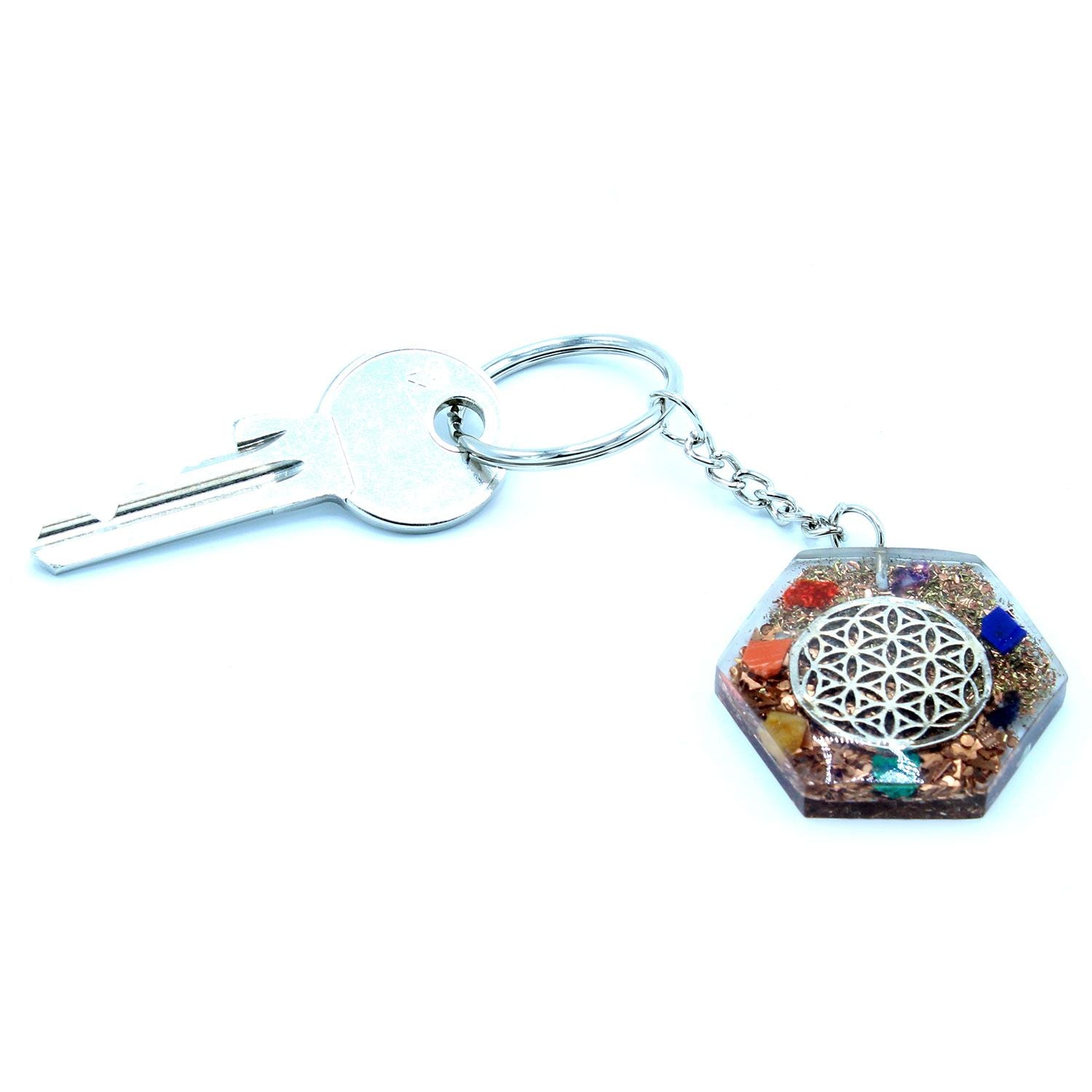 Orgonite Power Keyring - Octagon Flower of Life connected to a key on a white background