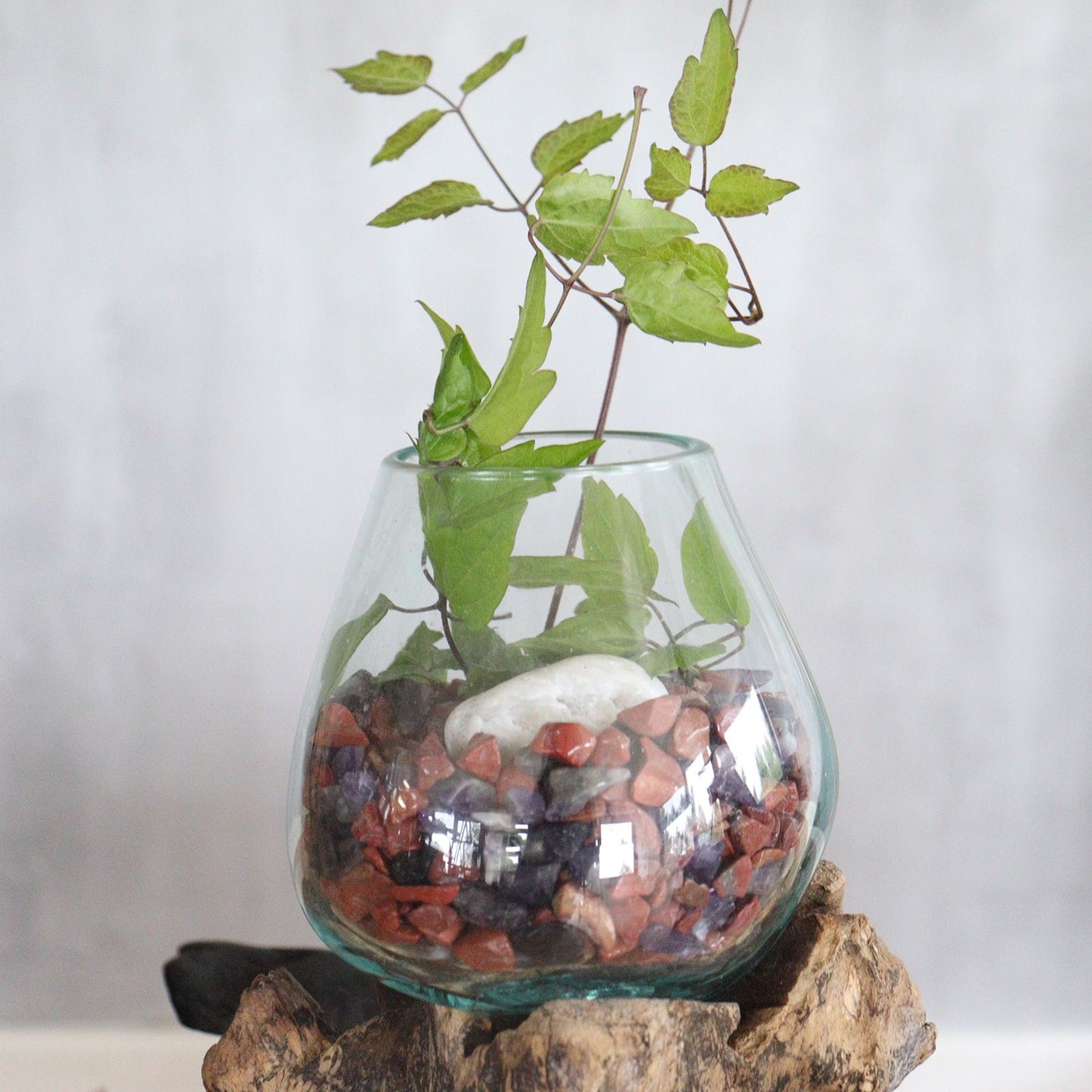 Handmade Recycled Glass Bowl on Wood Stand - Eco Decor