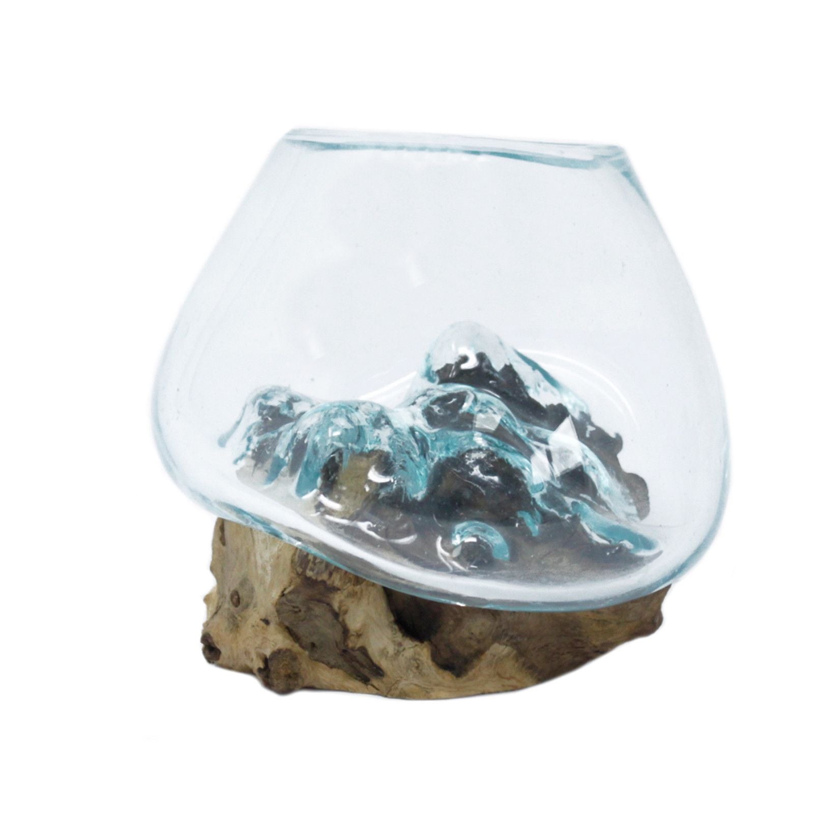 Molten glass bowl on gamal wood on a white background