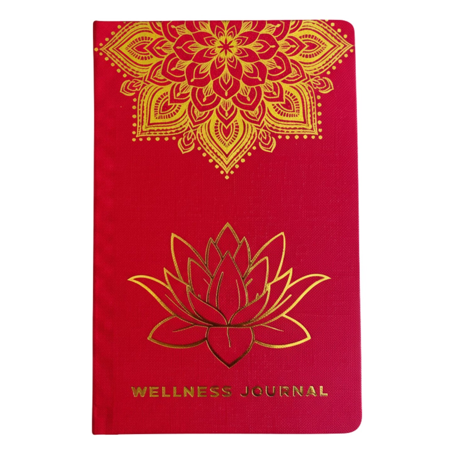 Red wellness journal with gold mandala and lotus design on a white background
