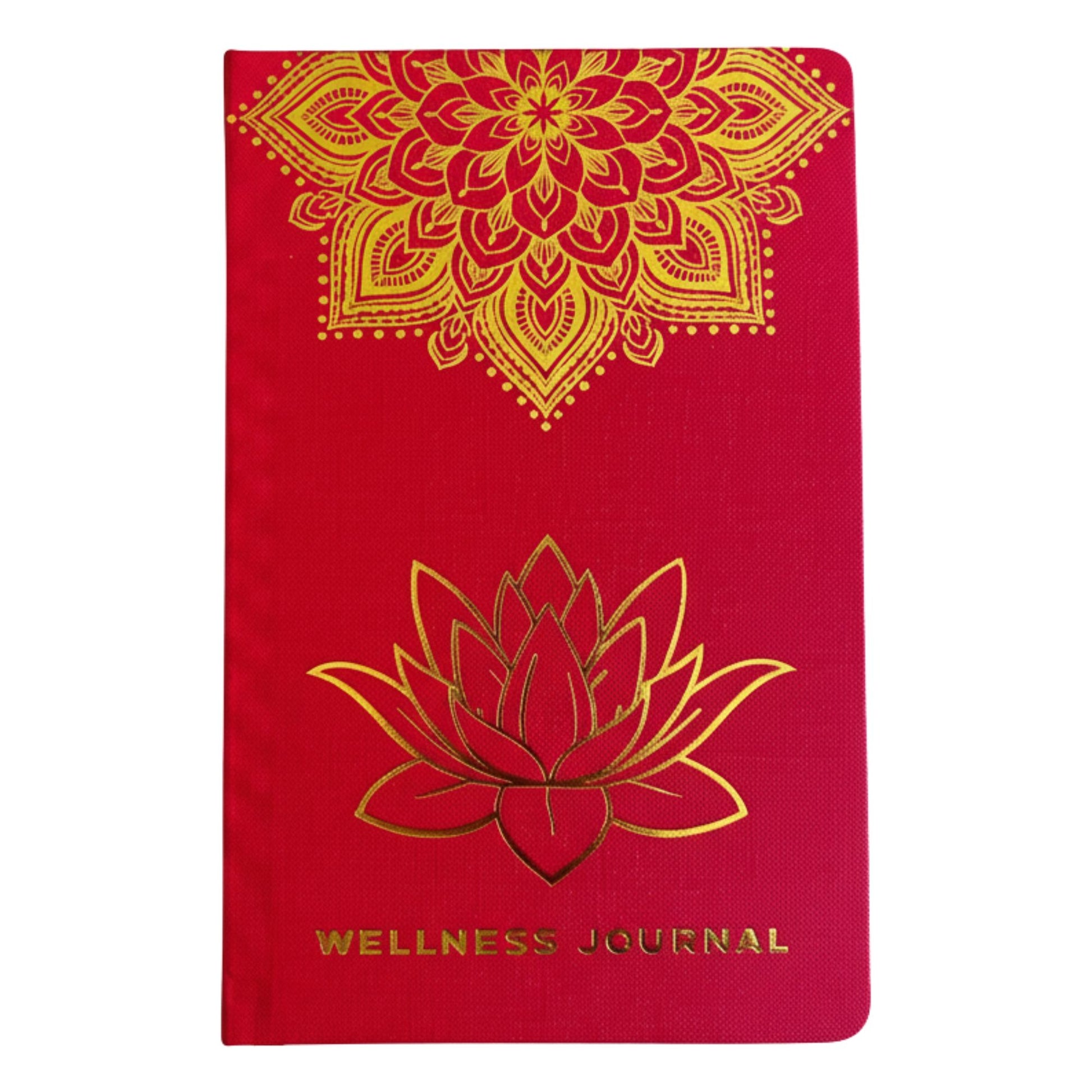 Red wellness journal with gold mandala and lotus design on a white background
