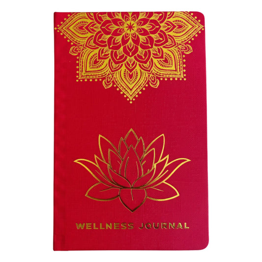 Red wellness journal with gold mandala and lotus design on a white background