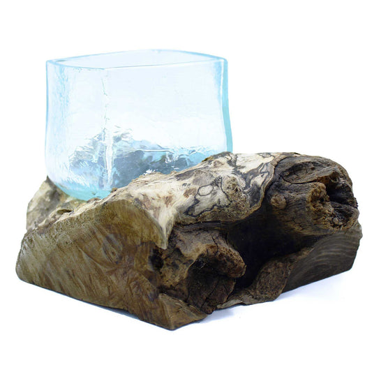 Molten Crackled Glass Tank on Wood on a white background