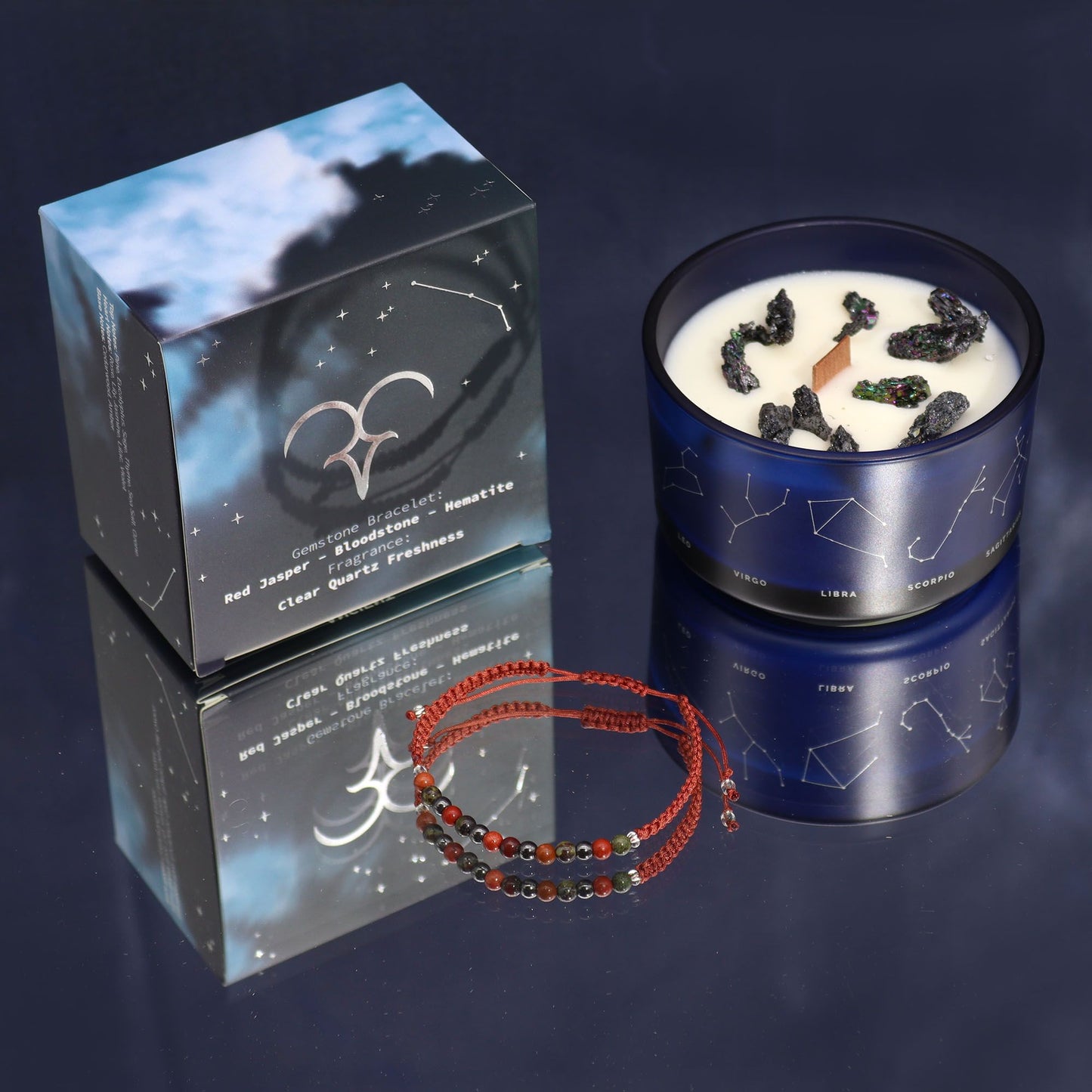 Aries zodiac crystal candle in midnight blue jar with silver constellation, gemstone bracelet and beautiful gift box