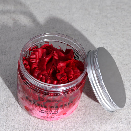 Razzle Dazzle Whipped Cream Soap 120g.  Top view with lid removed.