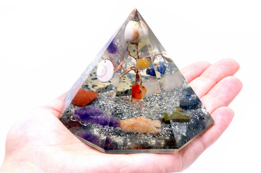 Orgonite 7 sided Pyramid - Gemstone Wisdom Tree held in a hand