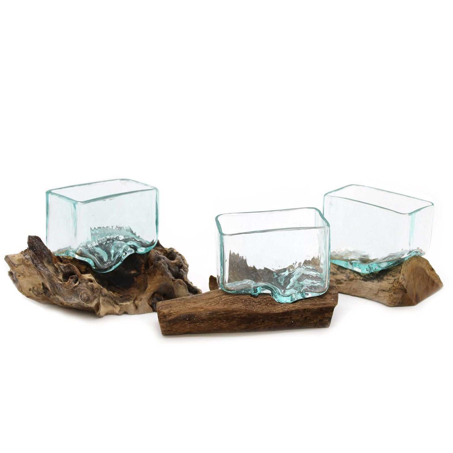 Molten Glass Tank on Wood with Stand - Small Bowl 3 variations on a white background