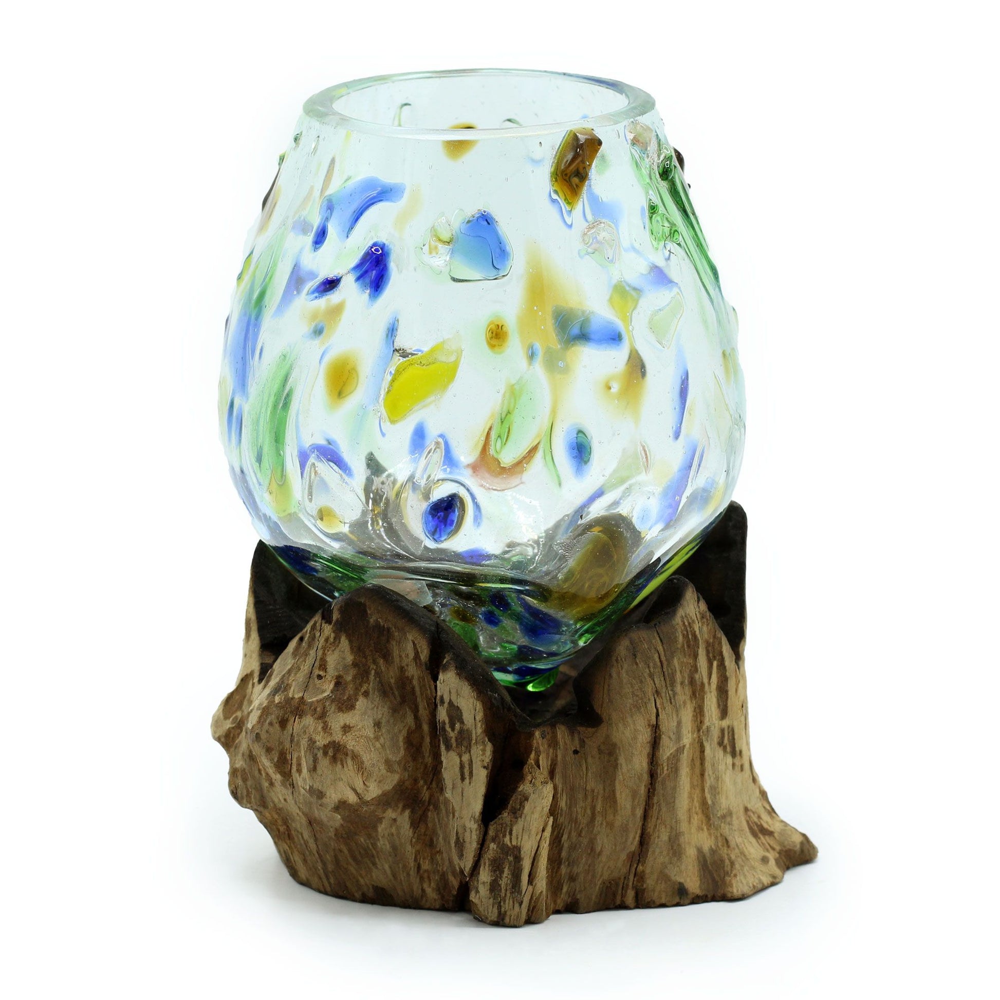 Medium coloured molten glass bowl on gamal wood base - handmade sustainable Balinese decor