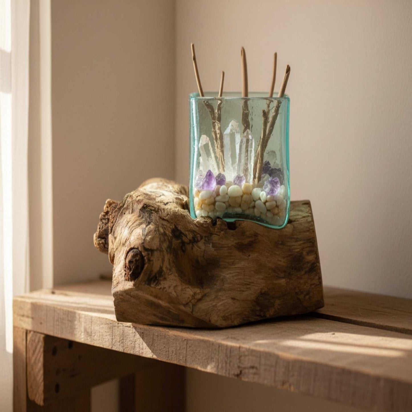 Molten Crackled Glass Tank on Wood containg decorative items placed on a shelf