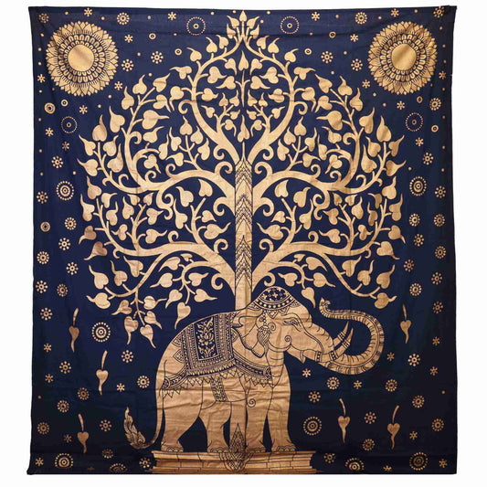 Double Cotton Bedspread / Wall Hanging - Elephant & Tree - Blue Gol