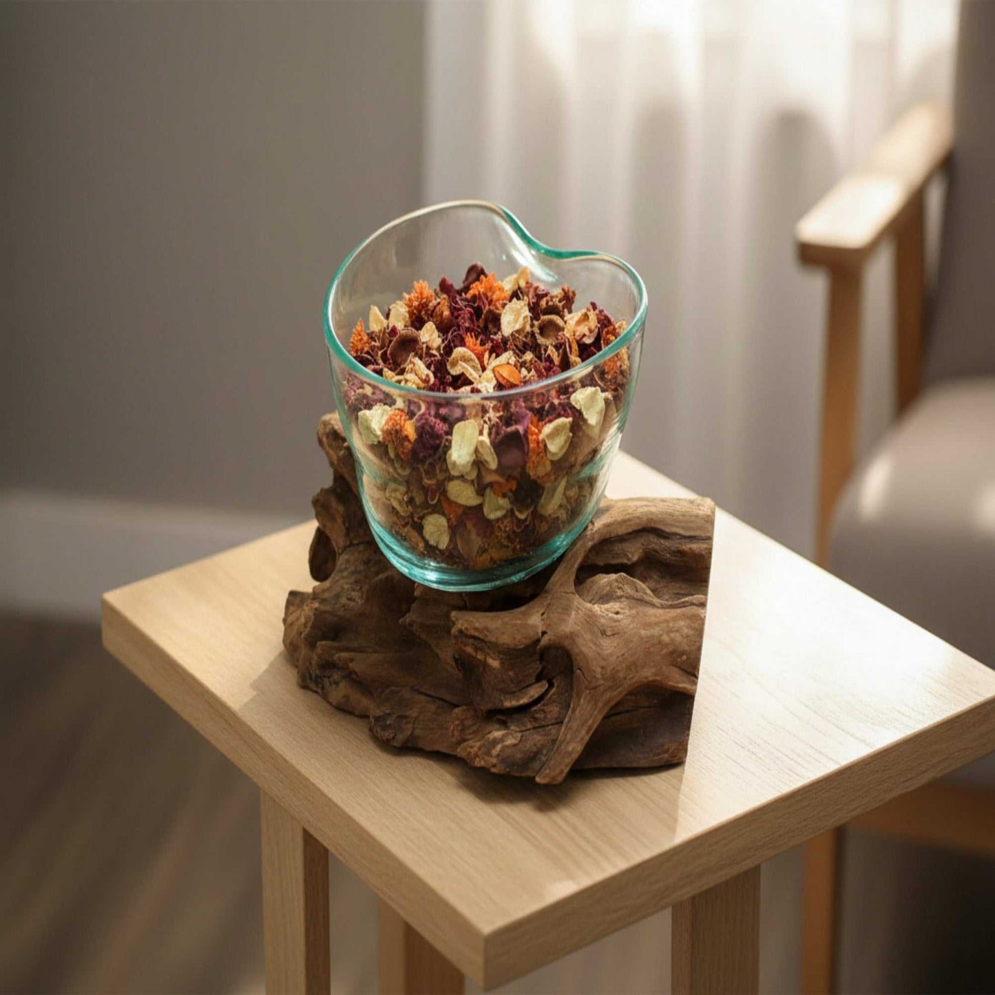 Molten Glass Arfully Misshapen Bowl on Wood on a small table with home setting