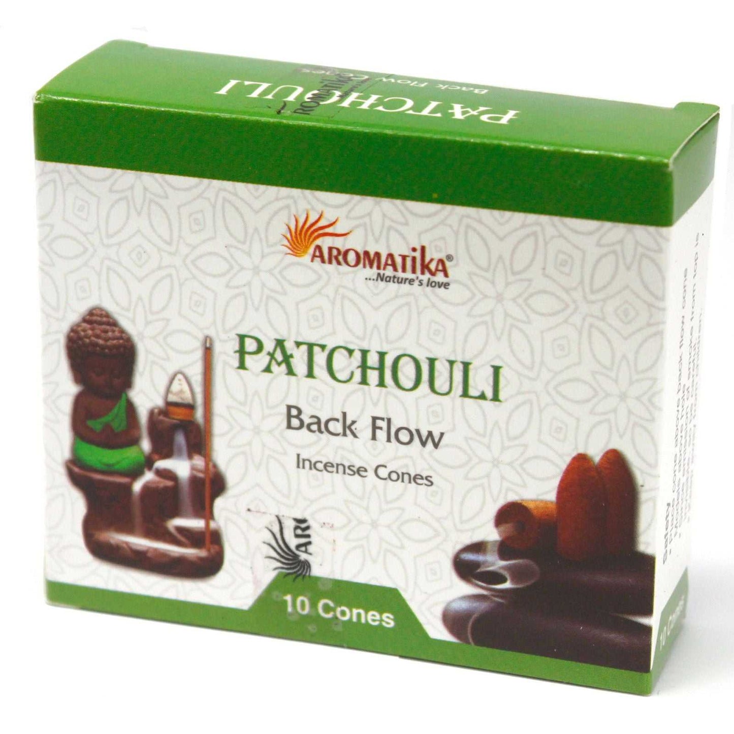Box of Aromatiika Patchouli Back Flow Incense Cones on a white background