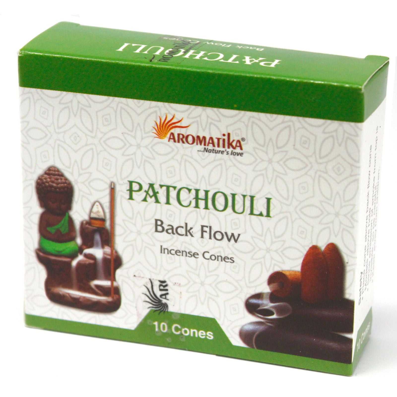 Box of Aromatiika Patchouli Back Flow Incense Cones on a white background