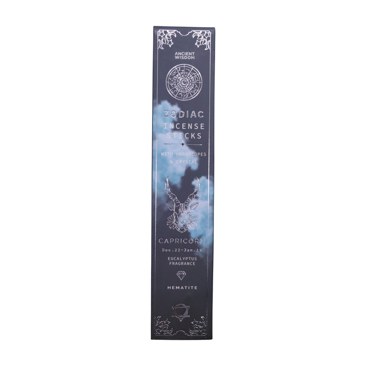 Box of Capricorn incense sticks with decorative design on a white background