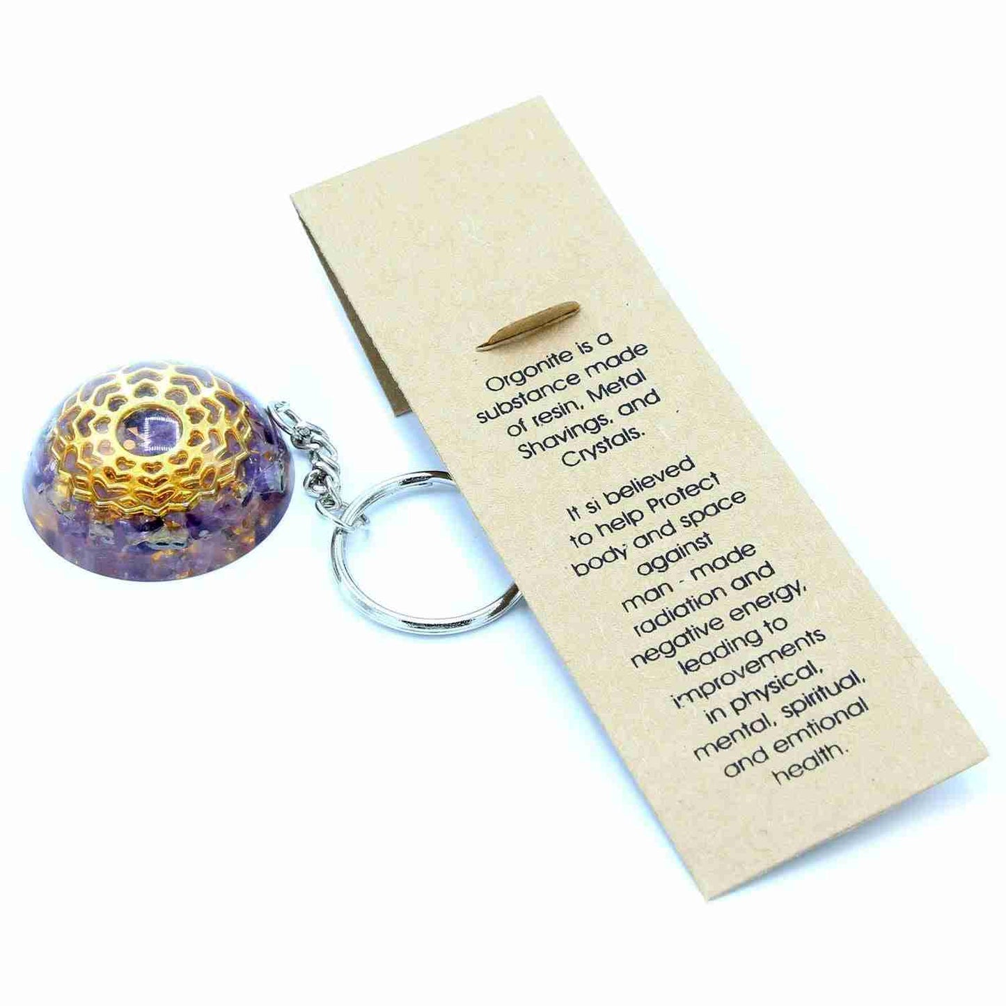 Orgonite Power Keyring - Amethyst Mandala Hearts and information card on a white background