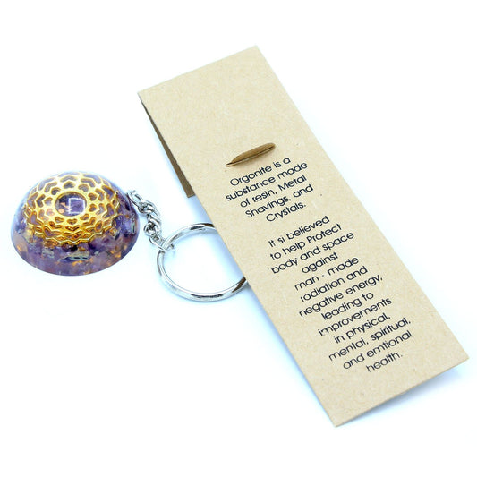 Orgonite Power Keyring - Amethyst Mandala Hearts and information card on a white background