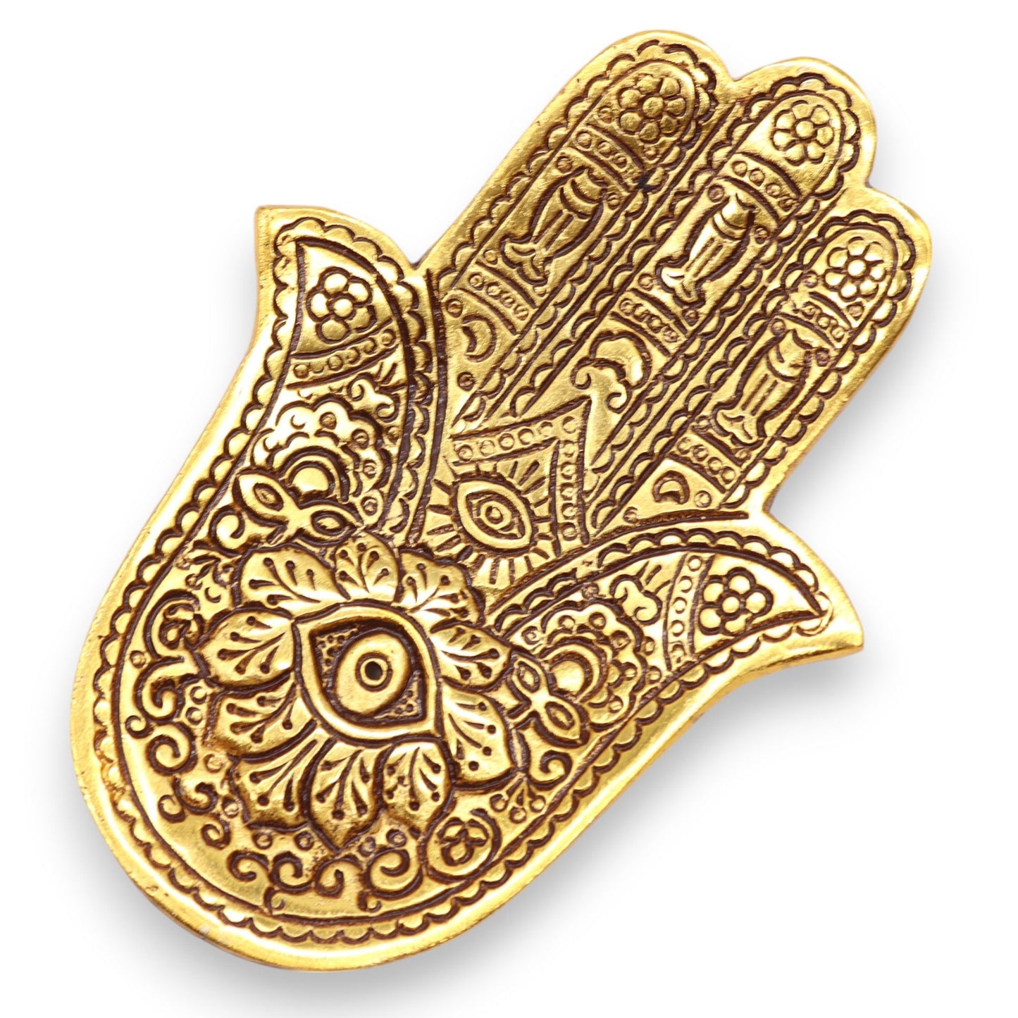 Gold Aluminium  Small Hamsa Incense Holder on a white background