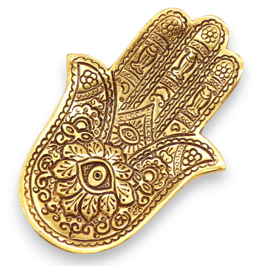 Gold Aluminium  Small Hamsa Incense Holder on a white background