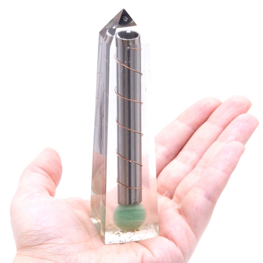 Orgonite Obelisk Power Point Green Aventurine held in a hand