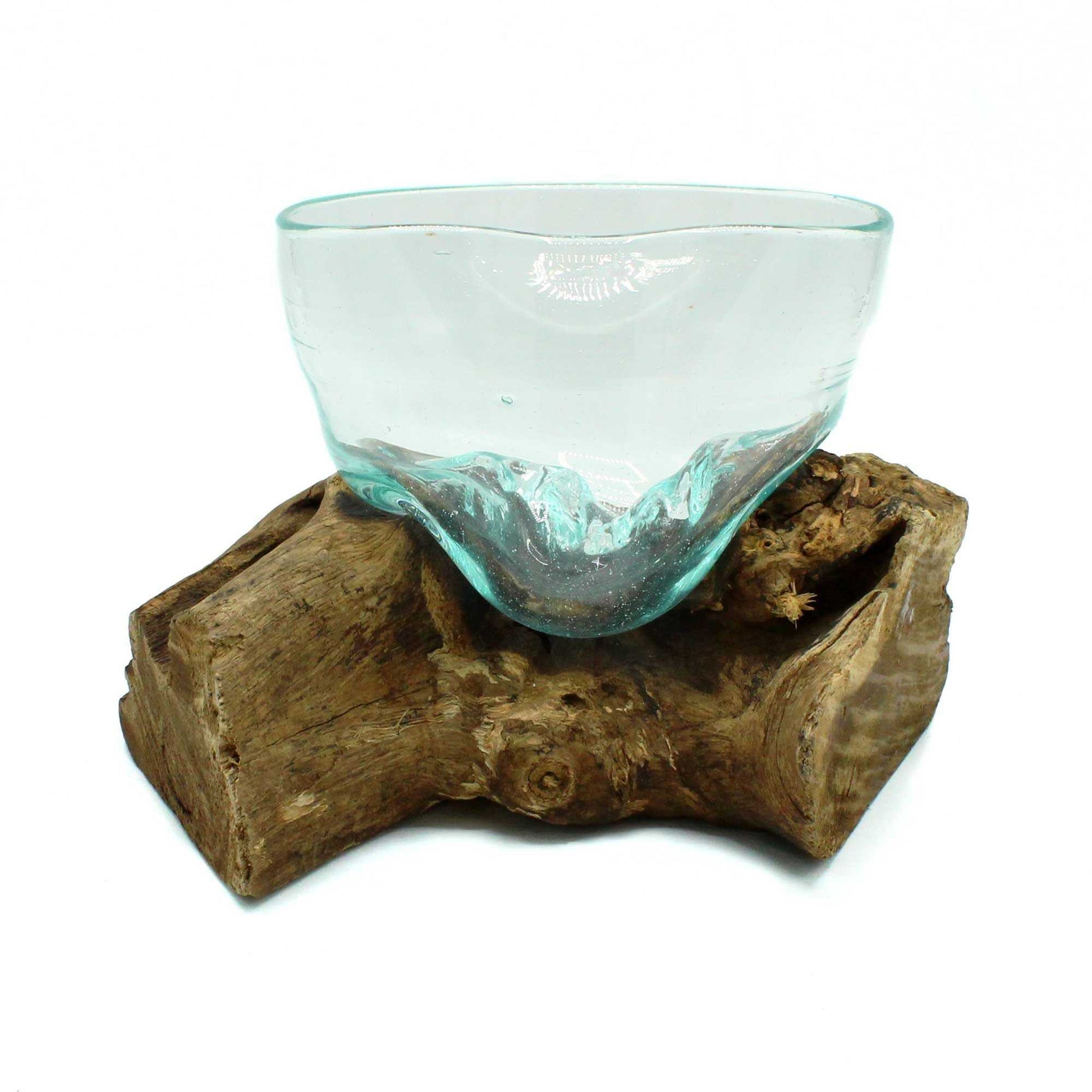 Molten Glass Arfully Misshapen Bowl on Wood on a white background