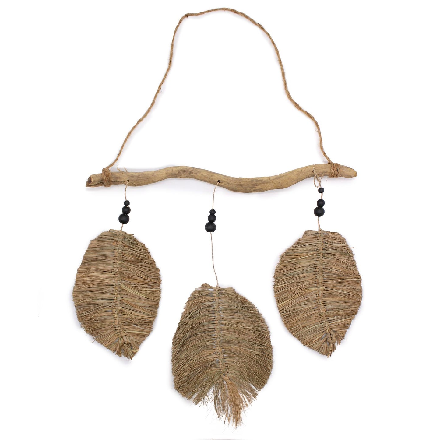 Decorative hanging with raffia leaf pendants on a branch against a white background