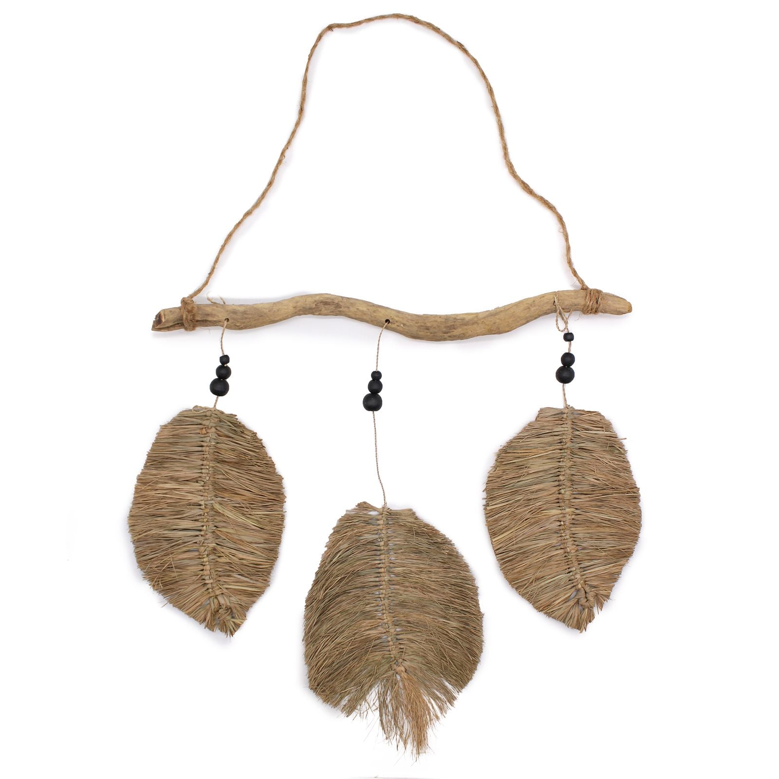 Decorative hanging with raffia leaf pendants on a branch against a white background