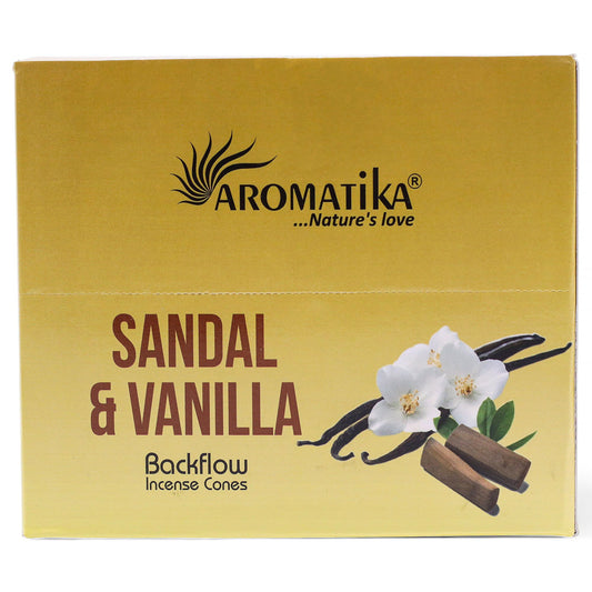 Aromatika Sandal & Vanilla incense cones packaging on a white background