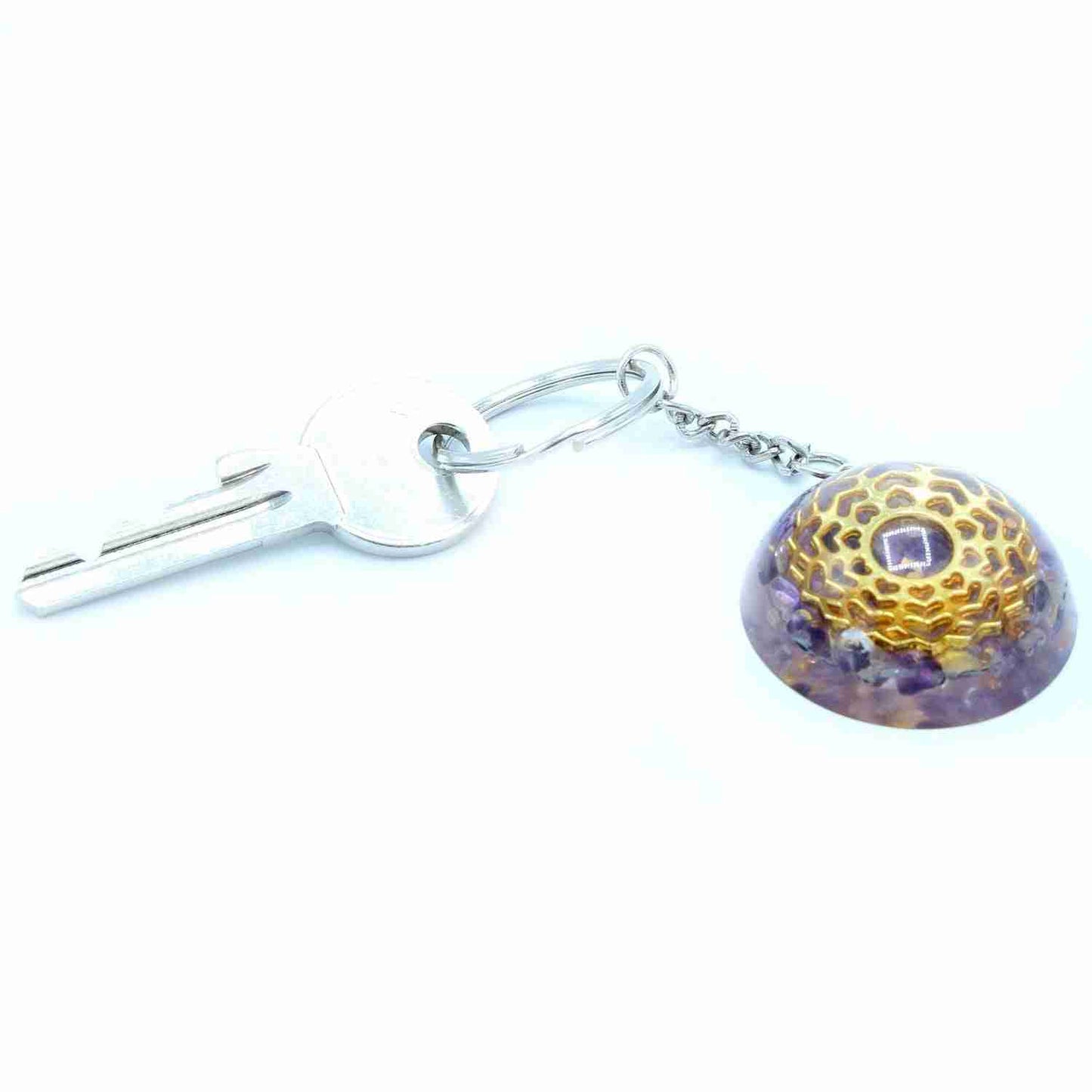 Orgonite Power Keyring - Amethyst Mandala Hearts c onnected to a key on a white background