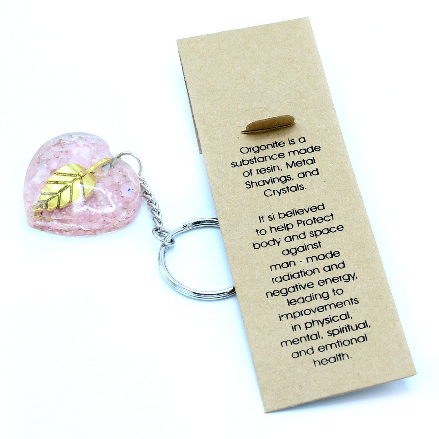 Orgonite Power Keyring - Rose Quartz Heearts Golden Leaf with information card on a white background