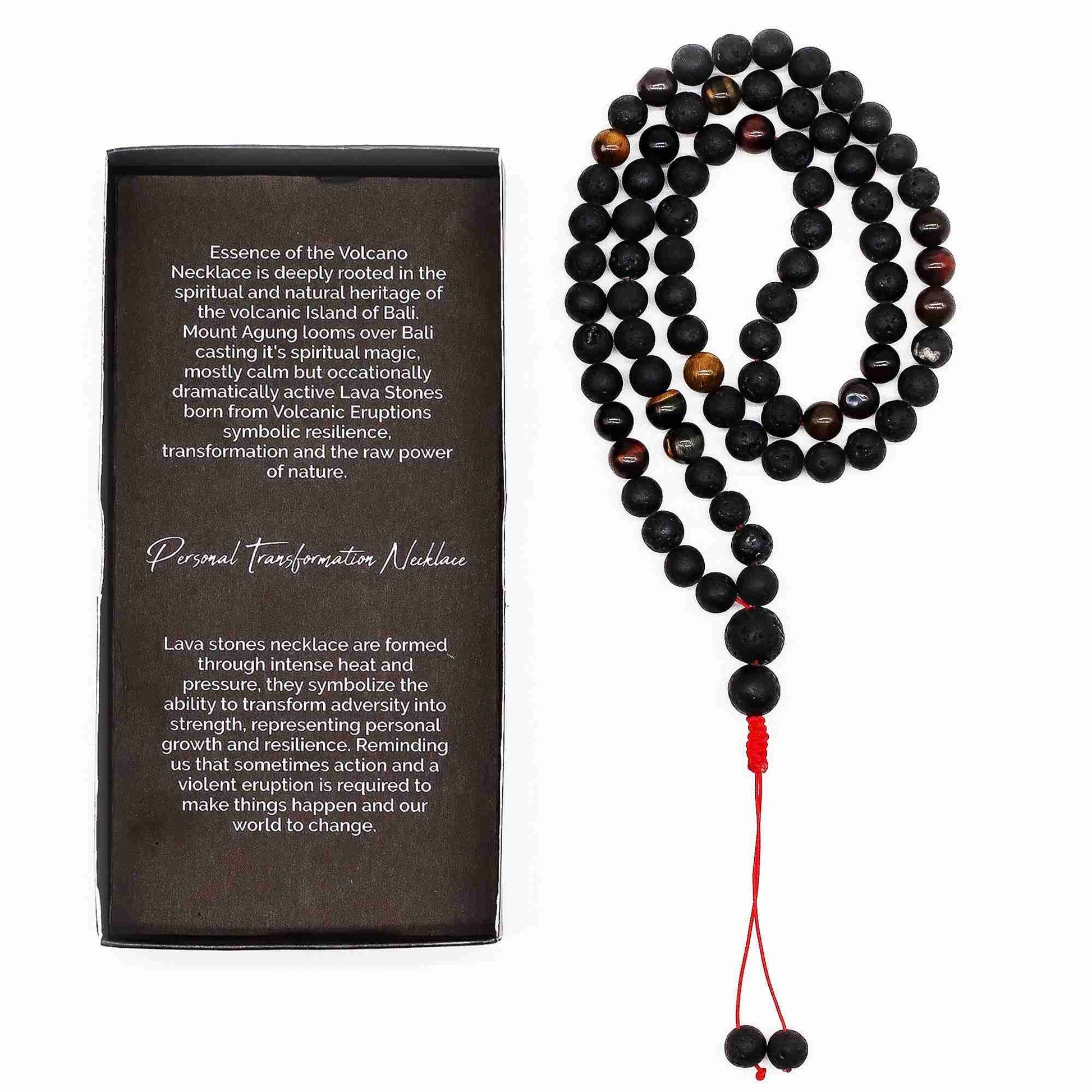 Meditation necklace with black beads and red accent next to a description card on a white background
